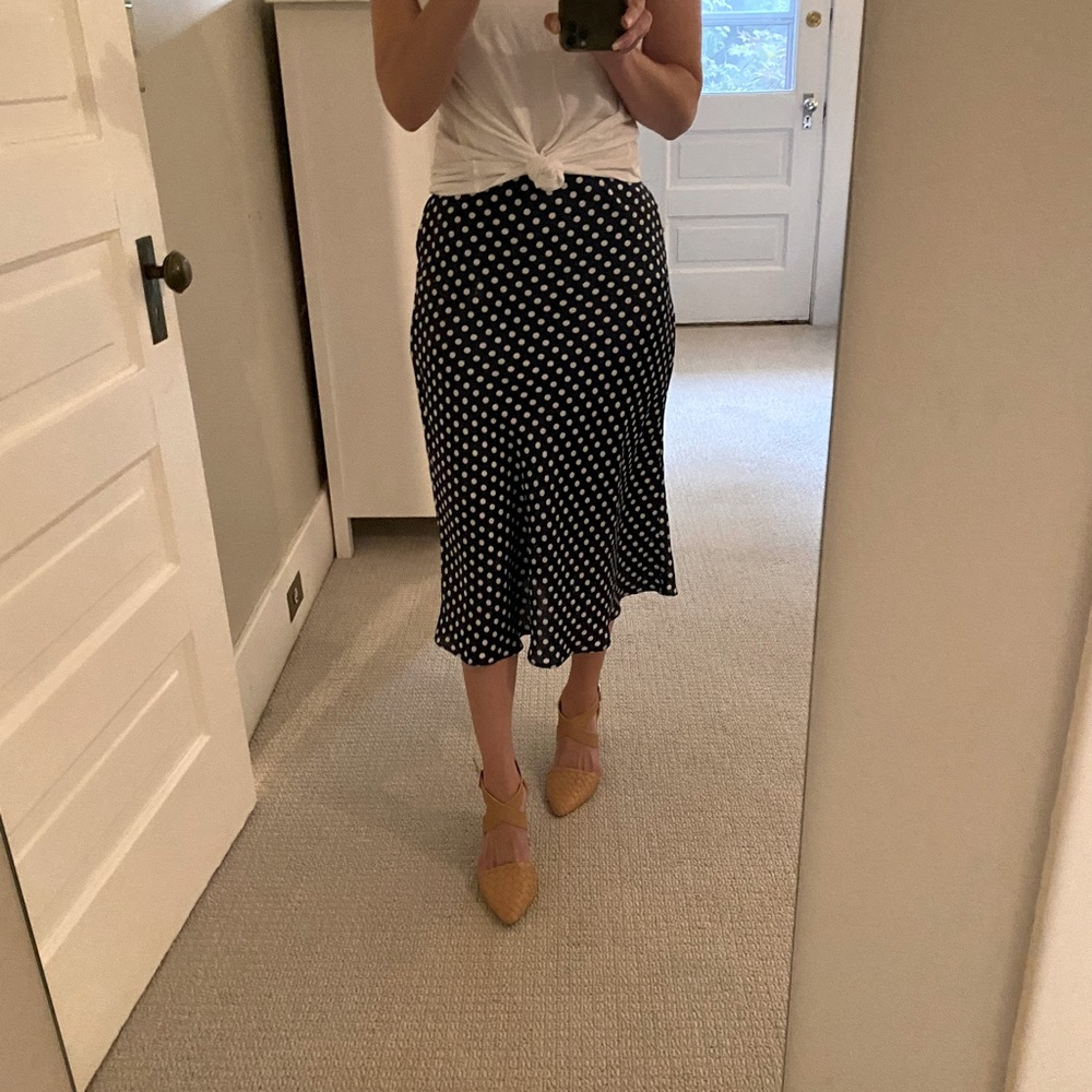 Blue and White Polka Dot MIDI Skirt